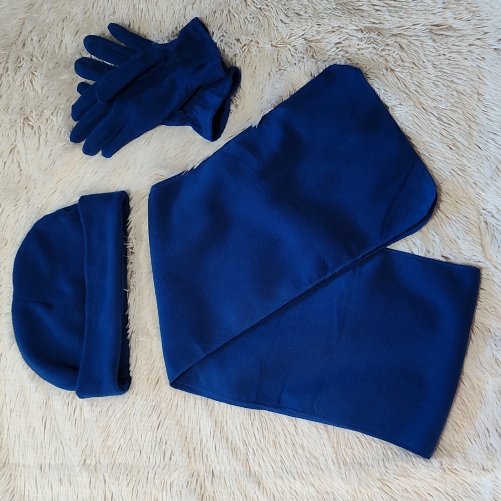 Womens 3-Piece Winter Accessory Set Royal Blue Fleece Hat Gloves 64" x 9" Scarf
